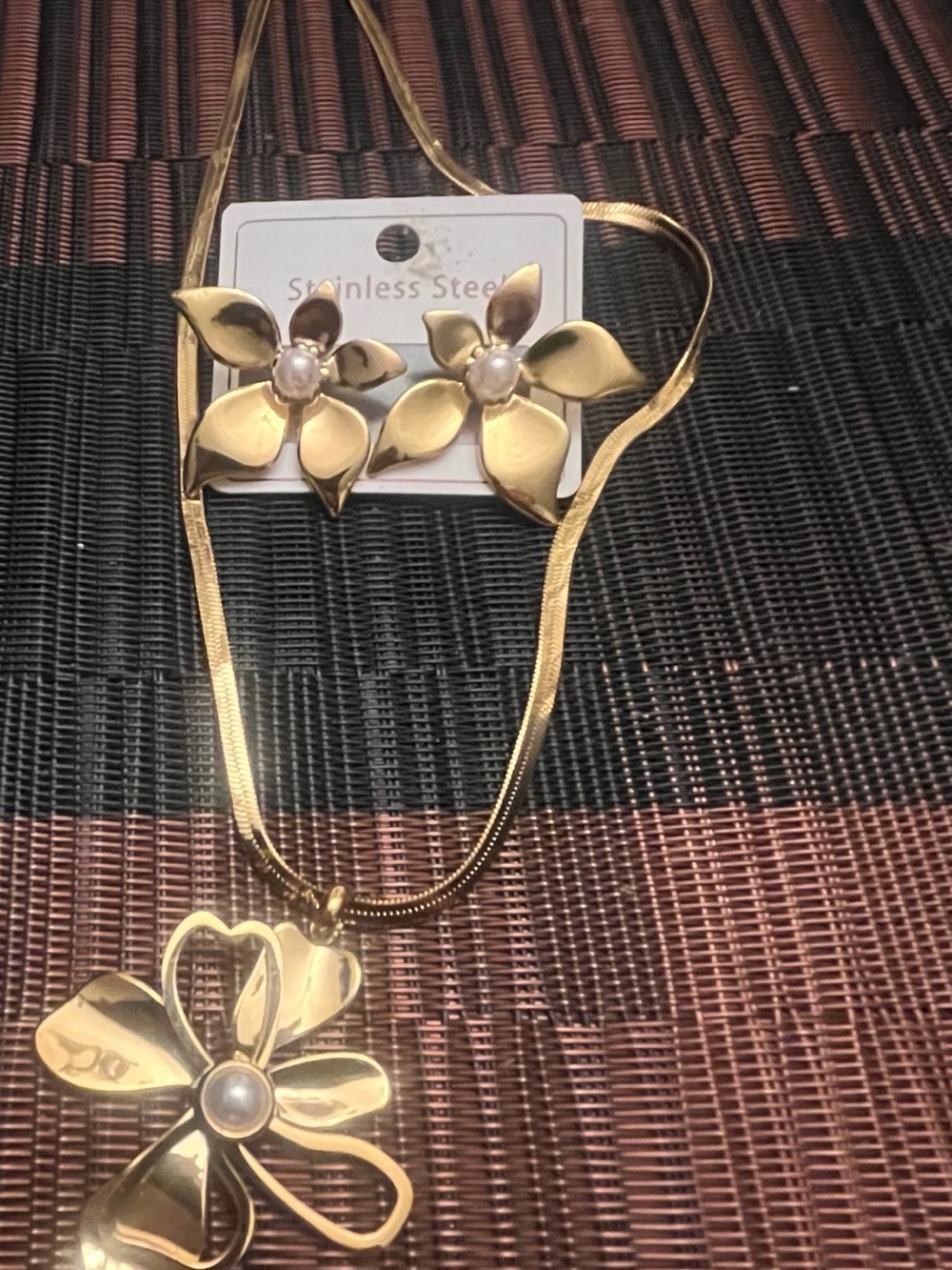 Gold Floral Stainless Steel Necklace and Earrings Set with Pearl Accents